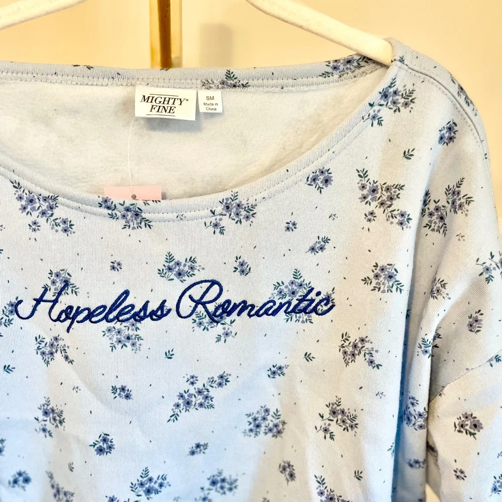 Mighty Fine‎ Hopeless Romantic Floral Off Shoulder Cropped Sweatshirt Blue SM